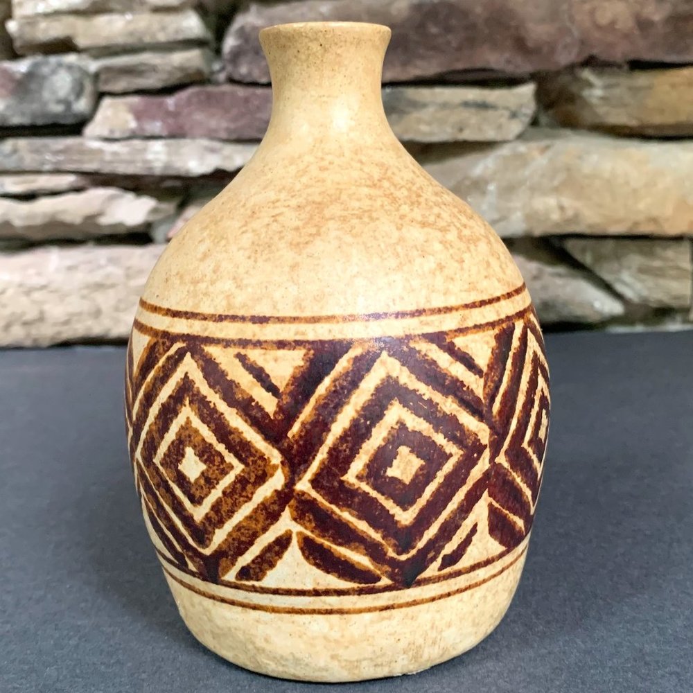 Pottery Craft USA Vase Tribal Geometric Design 70s Stoneware California Pottery